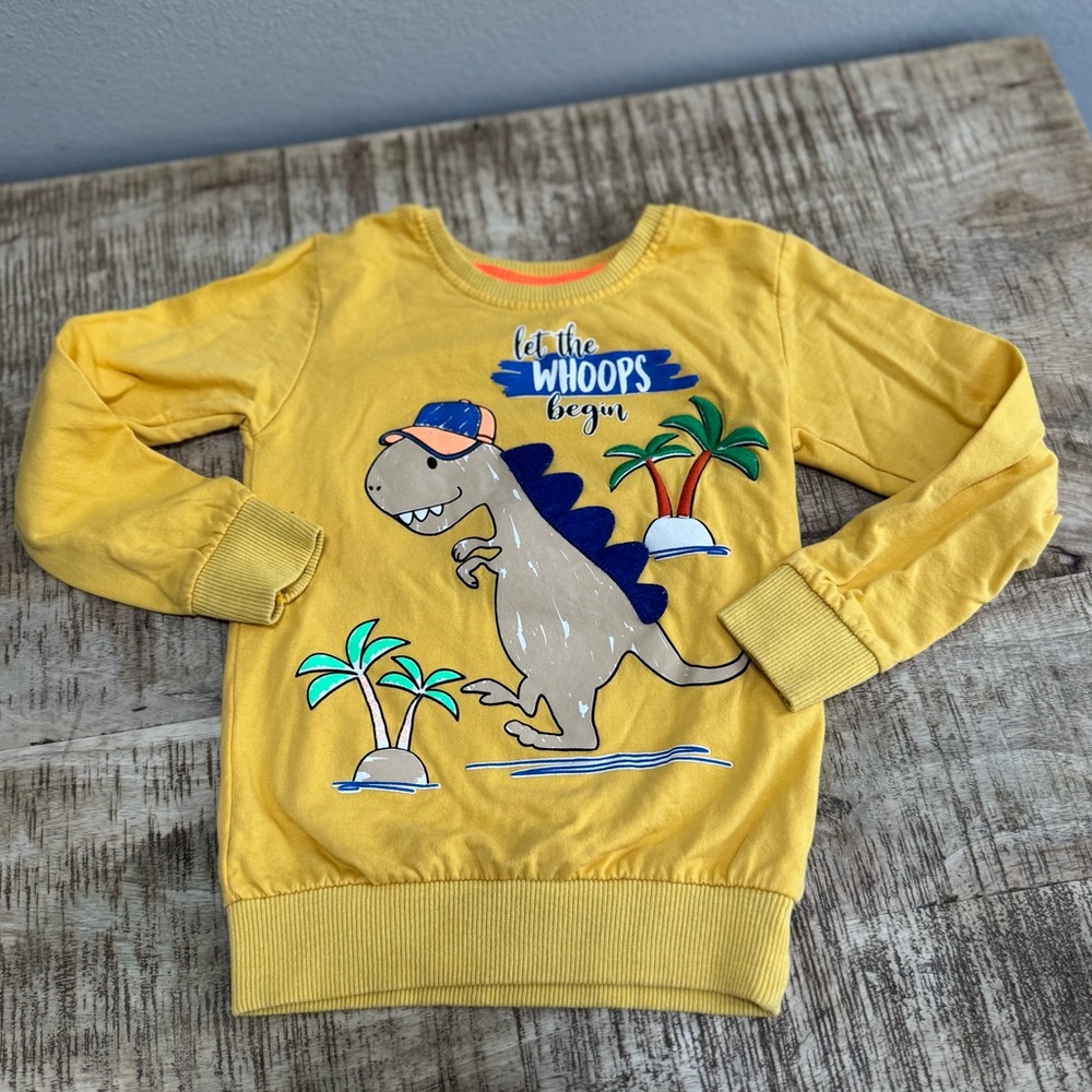 Yellow  Appliqué  Dinosaur and Palm Trees Kids Sweatshirt.